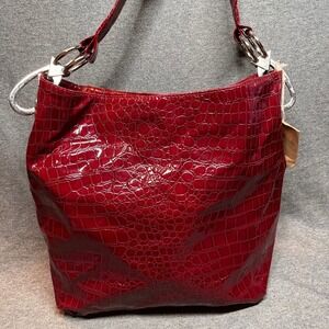 Braciano Red Croc Embossed Patent Leather Shoulder Bag‎ Hobo Purse New
